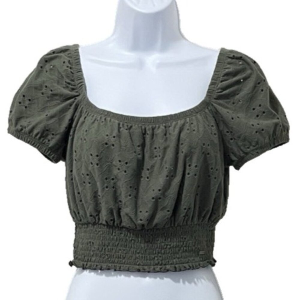 Hollister Womens Sz Sm Green Eyelet Crop Top Off the Shoulder Coquette Prairie
